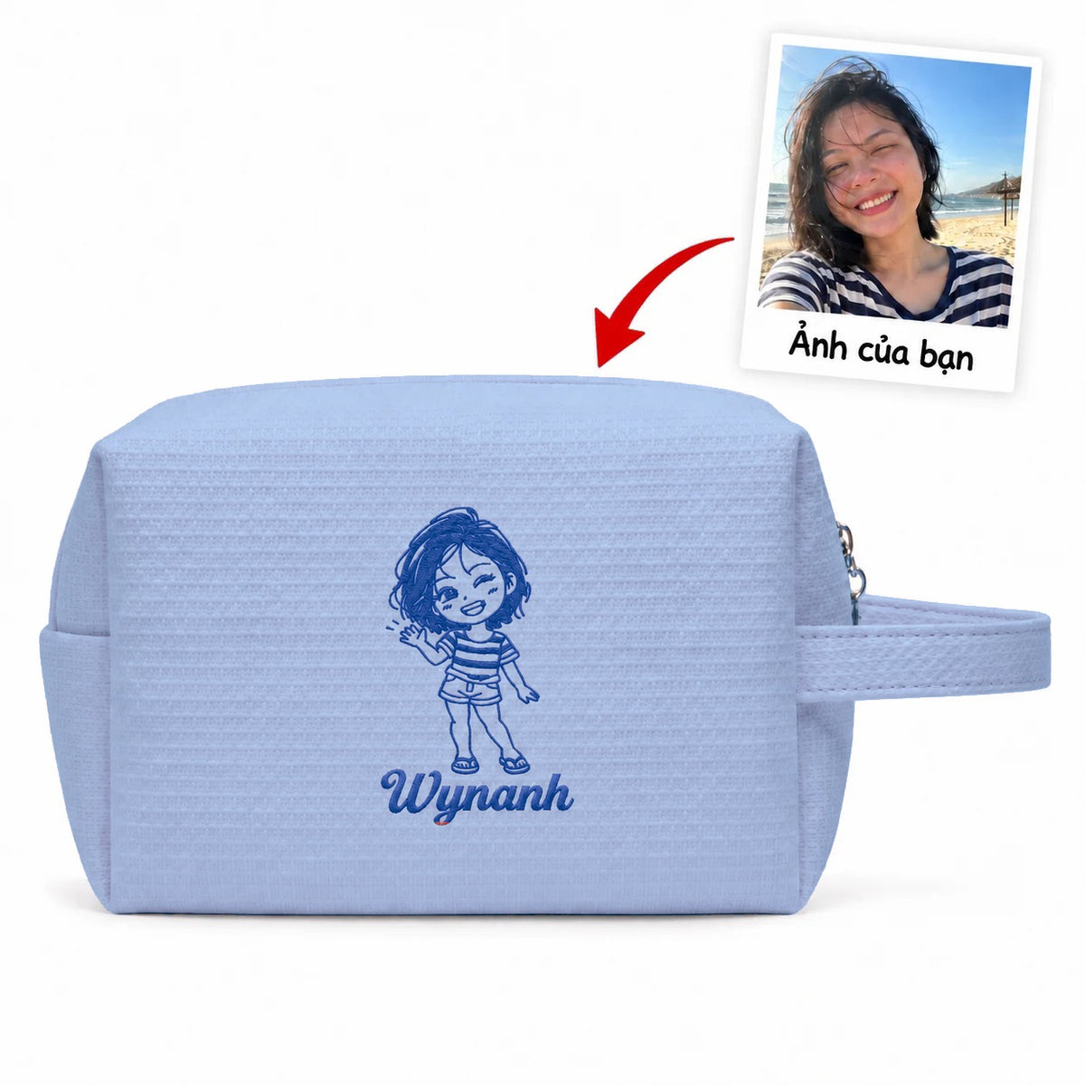 Túi Waffle Pouch Small xanh dương thêu ảnh chân dung vẽ tay và tên – Dear eM