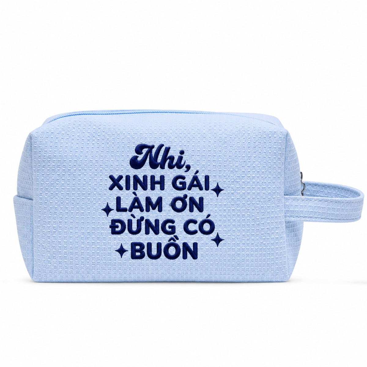 Waffle Pouch Small xanh dương thêu quote Xinh Gái Làm Ơn Đừng Có Buồn kèm tên – Dear eM
