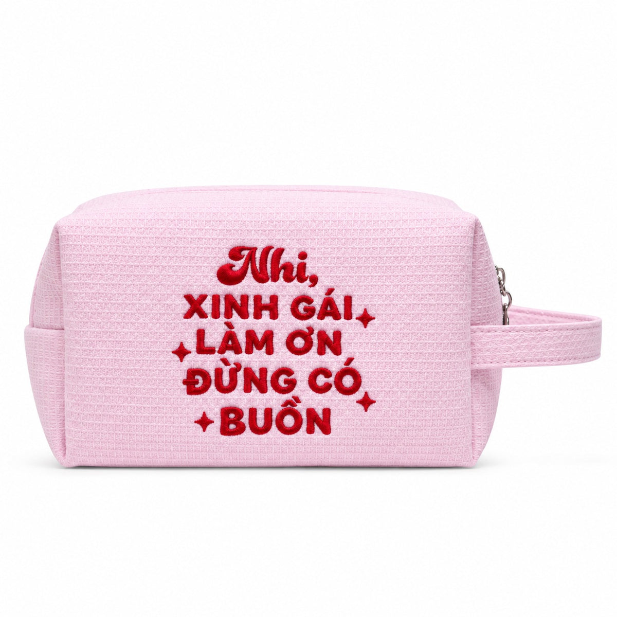 Waffle Pouch Small hồng sáng thêu quote Xinh Gái Làm Ơn Đừng Có Buồn kèm tên – Dear eM