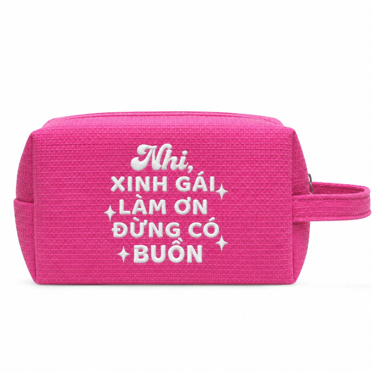 Waffle Pouch Small hồng đậm thêu quote Xinh Gái Làm Ơn Đừng Có Buồn kèm tên – Dear eM