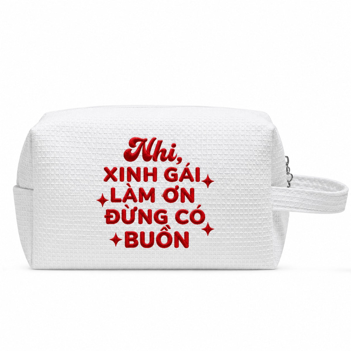 Waffle Pouch Small trắng thêu quote Xinh Gái Làm Ơn Đừng Có Buồn kèm tên – Dear eM
