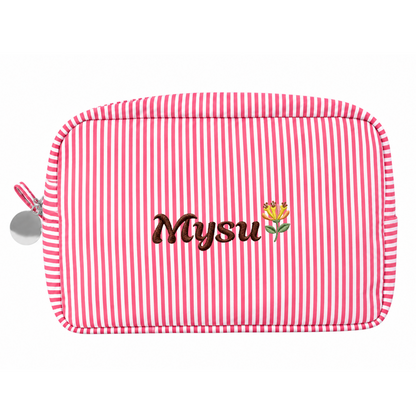 Candy Stripe Pouch with Birth Flower and Name Embroidery – Personalized Birthday Gift for Her