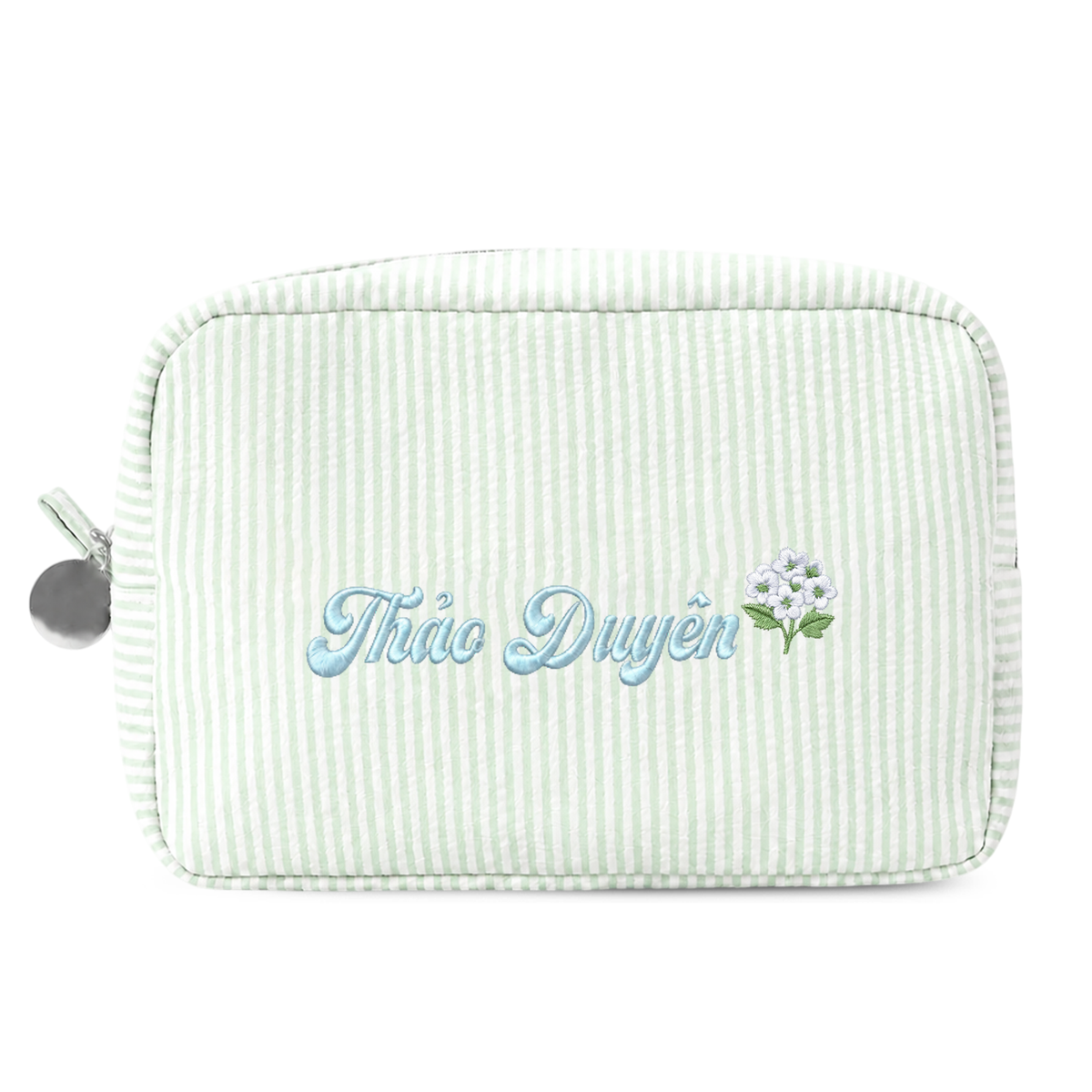 Candy Stripe Pouch with Birth Flower and Name Embroidery – Personalized Birthday Gift for Her