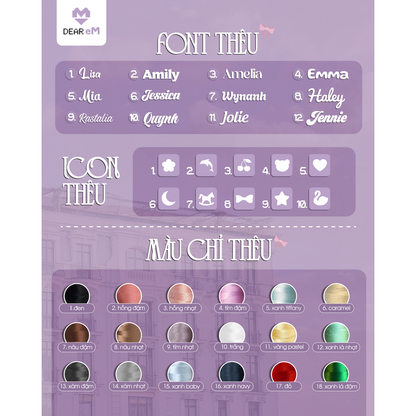 Bảng 12 font thêu, 10 icon thêu và 18 màu chỉ thêu - Dear eM