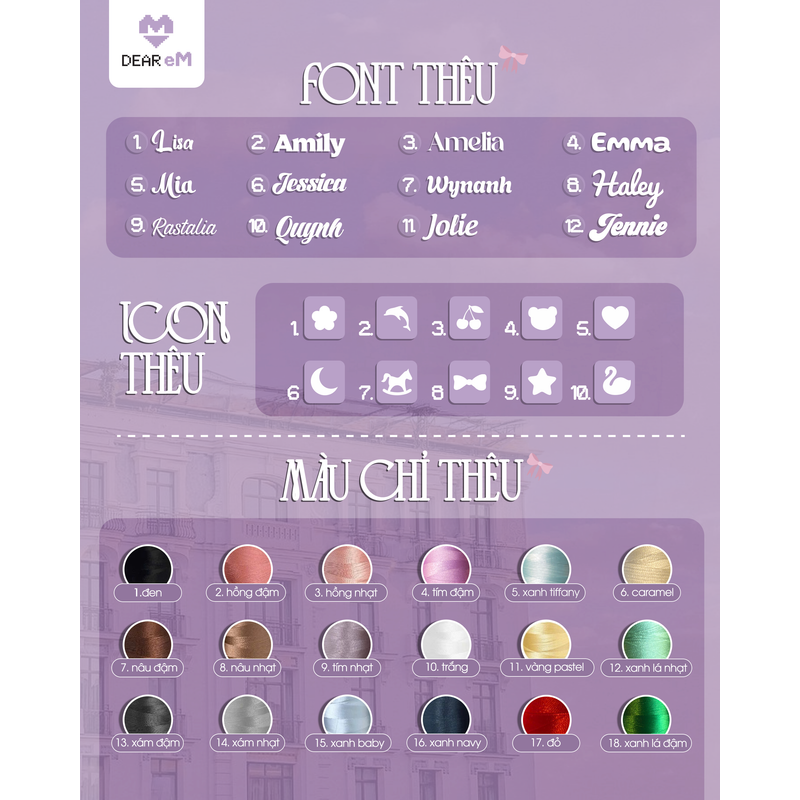 Bảng 12 font thêu, 10 icon thêu và 18 màu chỉ thêu - Dear eM