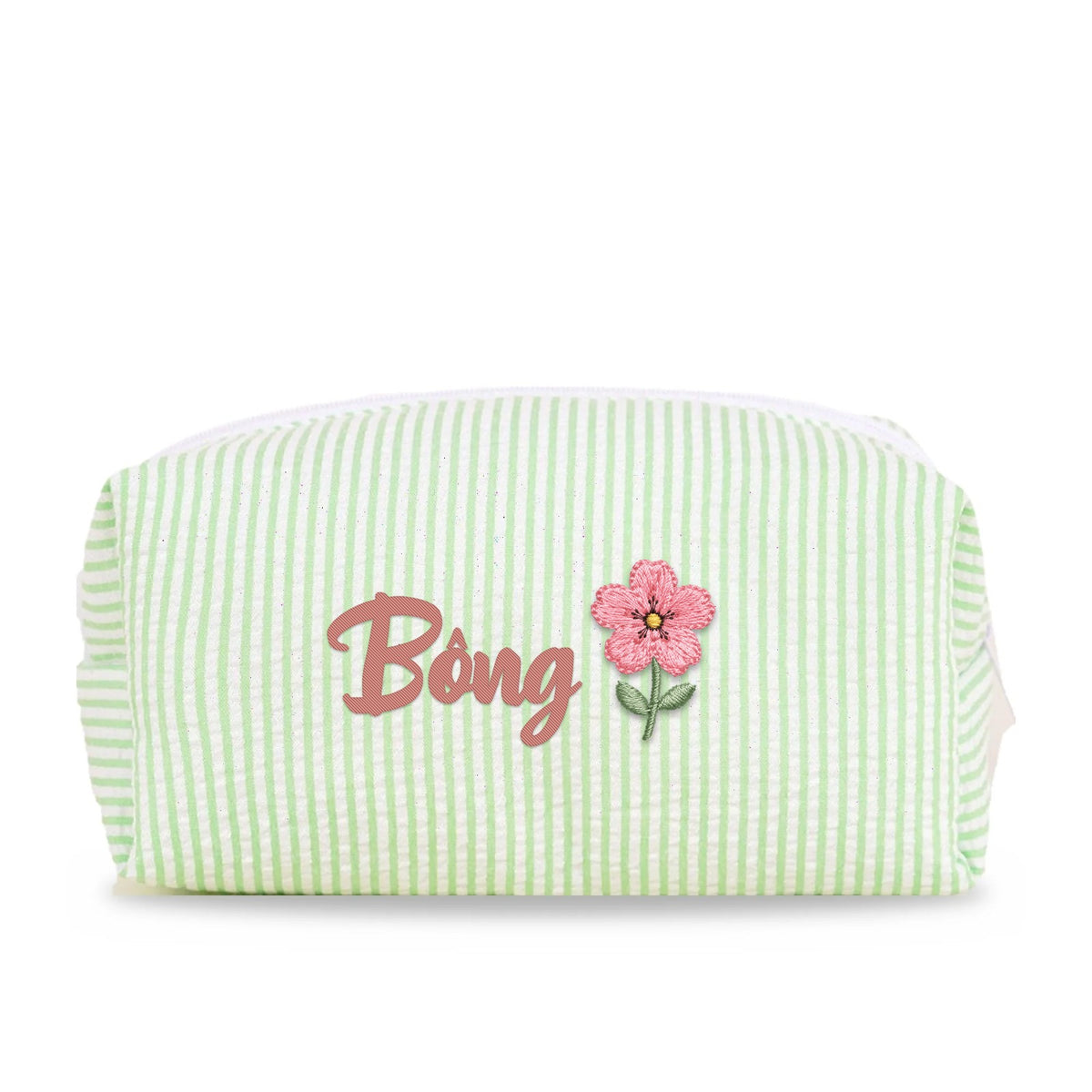 Candy Stripe Pouch chần bông xanh lá thêu tên Bông + hoa anh đào tháng 3 (ảnh minh hoạ) - Dear eM