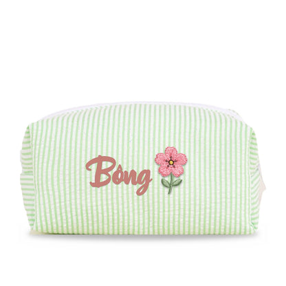 Candy Stripe Pouch chần bông xanh lá thêu tên Bông + hoa anh đào tháng 3 (ảnh minh hoạ) - Dear eM