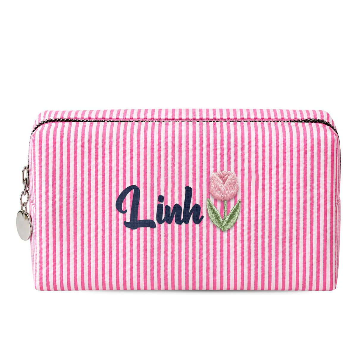 Candy Stripe Pouch hồng đậm thêu tên Linh + hoa tulip tháng 4 (ảnh minh hoạ) - Dear eM