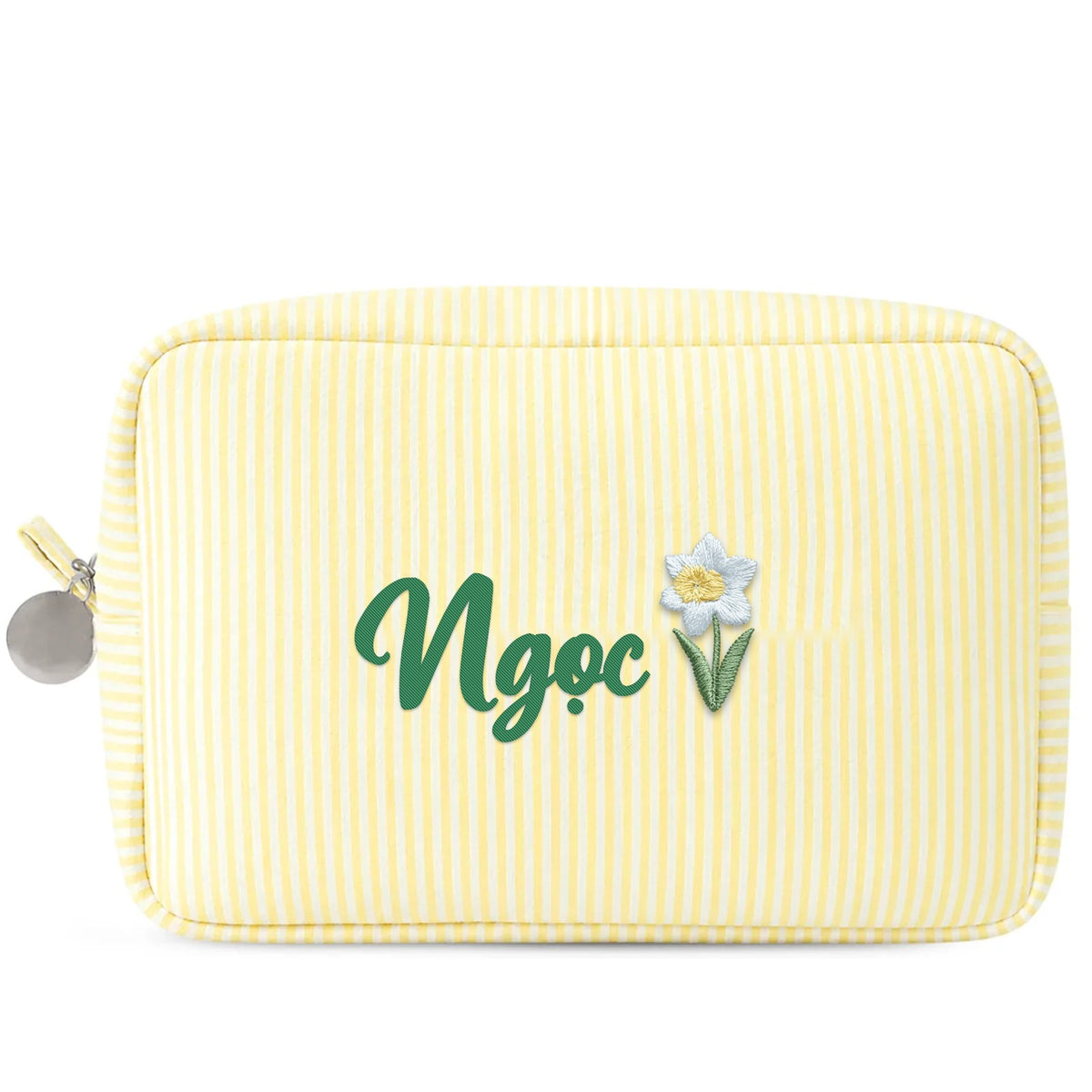 Candy Stripe Pouch Big vàng thêu tên Ngọc + hoa thuỷ tiên trắng tháng 12 (ảnh minh hoạ) - Dear eM