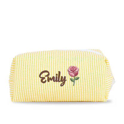 Candy Stripe Pouch with Birth Flower and Name Embroidery – Personalized Birthday Gift for Her