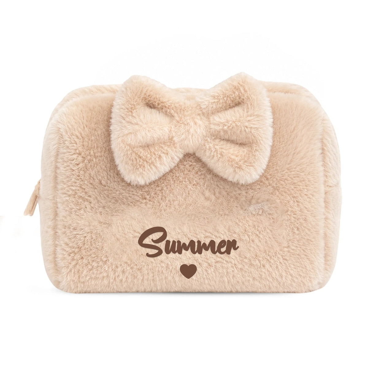 Furry Pouch có nơ nâu nhạt be thêu tên Summer + tim (ảnh minh hoạ) - Dear eM