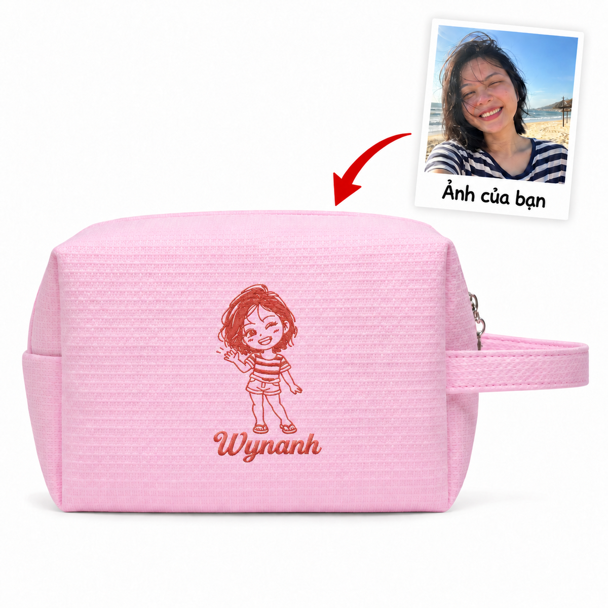 Túi Waffle Pouch Small hồng sáng thêu ảnh chân dung vẽ tay và tên – Dear eM