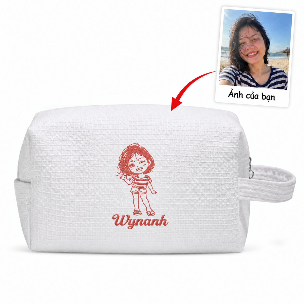 Túi Waffle Pouch Small trắng thêu ảnh chân dung vẽ tay và tên – Dear eM